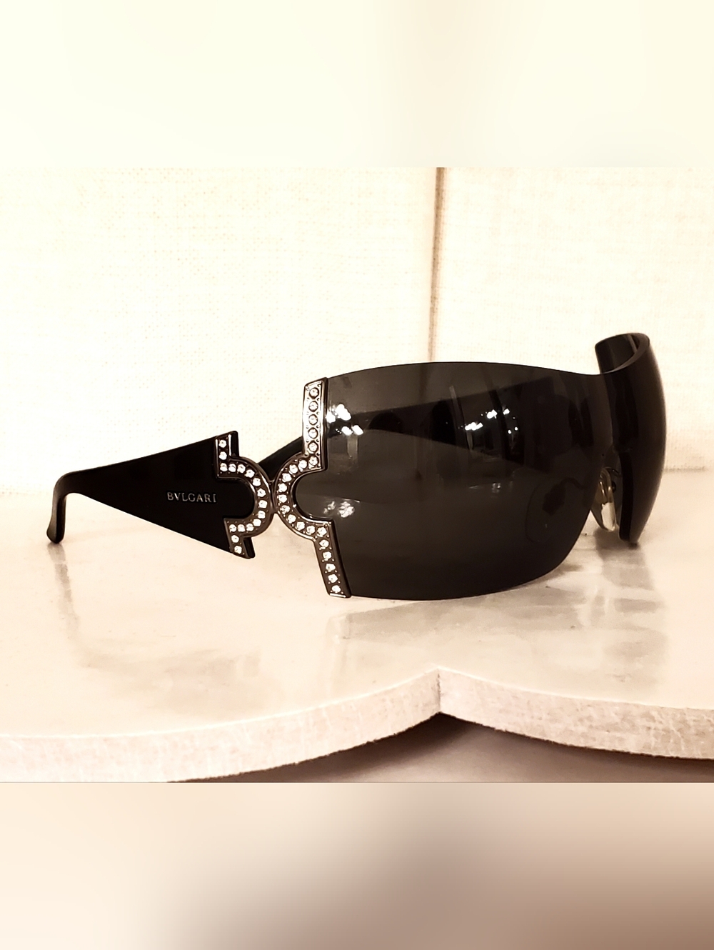 Bvlgari Black Shield Sunglasses with Crystal-Trim Temples